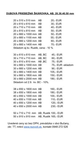 Dubová priebežná škárovka v hr. 20, 30, 38, 40, 50 mm